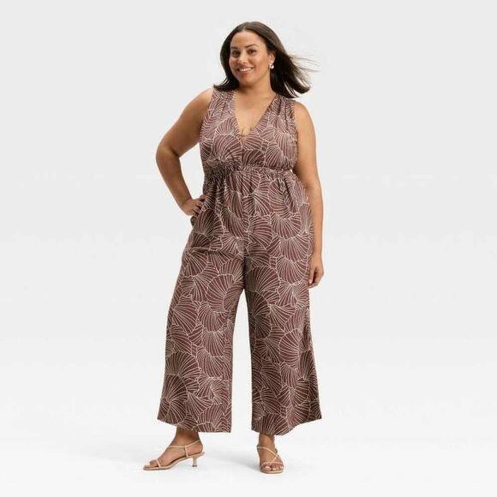Brown‎ Shell Print Sleeveless Wide Leg Jumpsuit V-Neck Smocked - Picture 2 of 4